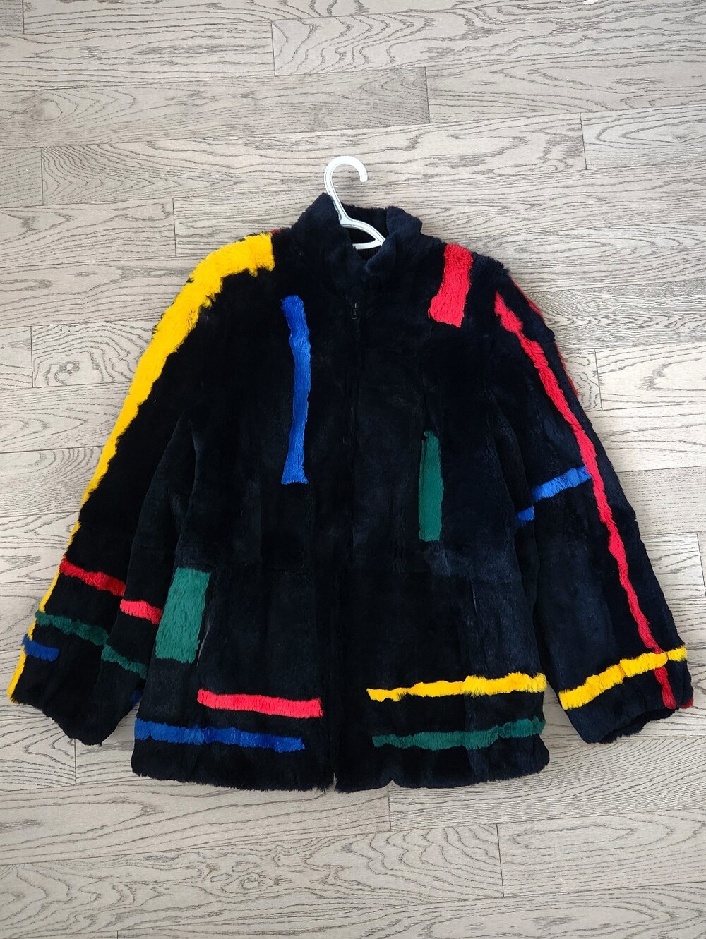 Vintage 1980s Sheared Rabbit Fur Multicolor Bomber Jacket
